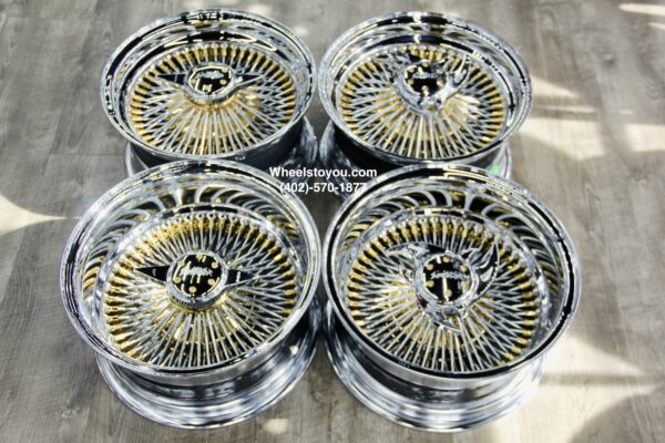 New Set (4) 14x7" Staggered Dish 100 Spoke Gold Hub & Nipple Chrome Spokes & Dish Skirt & Low Clearance Fitment Complete set of four Knockoff Wire Wheels with Choice of Hardware