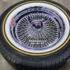 New Set (4) Genuine Dayton 15" & 16" Rear Wheel Drive 100 Spoke Wire Wheels & Vogue Whitewall / Yellow Stripe Tire Package With Choice Of Spinner & Hardware - Image 7