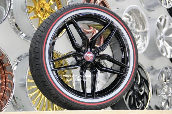 New Set (4) 20" Cadillac Split Star Gloss Black Wheels and 245-40-20 Vogue Whitewall / Red Stripe Tire Complete Package Set (4)  Fit ATS, AT4, CT4, Deville, DTS, DTX Seville, STS Select Models