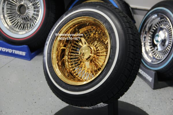 New Set (4) 13" ALL GOLD 72 Spoke True Knockoff Deep Dish Wire Spoke Wheels & Whitewall 155-80-13 Tires Complete set four (4) With Hardware Lowrider, Classic, Hopper, Show Car