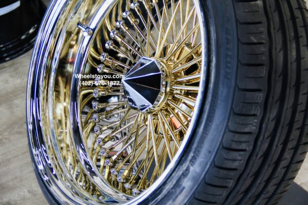 New Set (4) 17 X 9" GOLD & CHROME DEEP DISH 72 SPOKE STRAIGHT LACE KNOCKOFF WIRE WHEELS & LOW PROFILE TIRES SET (4) WITH HARDWARE