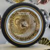 New Set (4) All Gold 17X8" Front Wheel Drive 24kt Gold Bead Lace 100 Spoke True Knockoff Wire Wheels & Vogue Whitewall Yellow Gold Stripe Tire Package (4) WITH HARDWARE - Image 5