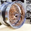 New Set (4) Genuine Dayton Stamped 13x7" Deep Dish 88 Spoke 24kt Rose Gold Hub, Spokes & Nipples with Rose Gold & Chrome Retro Hexagon Lowrider Knockoff Wire Wheels Set of four (4) with Hardware - Image 2