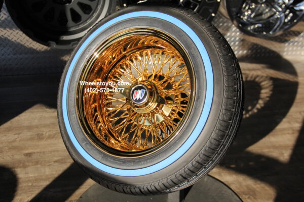 New Set (4) 14x7" ALL GOLD 72 Spoke Cross lace True Knockoff Deep Dish Wire Spoke Wheels & 175-70-14 True Blue-Wall Radial Tires Complete set four (4) Lowrider, Classic, Hopper, Show Car