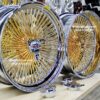 New Set (4) 22" GENUINE DAYTON STAGGERED 144 SPOKE 24kt GOLD & CHROME KNOCKOFF WIRE WHEELS SET WITH CHOICE OF HARDWARE - Image 2