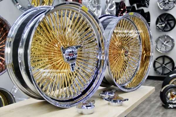 New Set (4) 22" GENUINE DAYTON STAGGERED 144 SPOKE 24kt GOLD & CHROME KNOCKOFF WIRE WHEELS SET WITH CHOICE OF HARDWARE