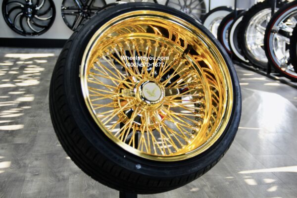 New Set (4) 17 X 9" ALL 24KT GOLD DEEP DISH 72 CROSS LACE SPOKE KNOCKOFF WIRE WHEELS & Low Profile Tires SET (4) WITH HARDWARE