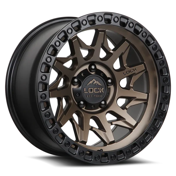 18x9" Lock Offroad Lunatic Matte Bronze Center with Black Simulated Beadlock 5x127mm aka 5x5" +1 ET Set (5) With 35x12.50x18 Sailun R/T Rough Terrain Tires & Tpms Sensors