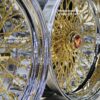 New Set (4) 20" Staggered Dish Quad Cross Lace Gold & Chrome 84 Spoke Wire Wheels With Choice of Hardware - Image 3