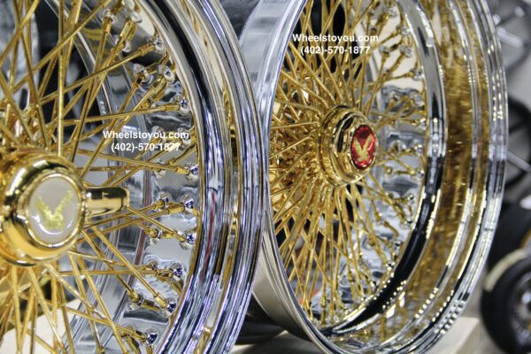 New Set (4) 20" Staggered Dish Quad Cross Lace Gold & Chrome 84 Spoke Wire Wheels With Choice of Hardware