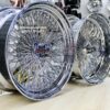 New Set (4) 18x9" Stagggered Genuine Dayton Stamped Serialized Deep Dish 100 Spoke Triple Cross Lace Stainless & Chrome Lowrider Knockoff Wire Wheels Set of four (4) with Hardware - Image 2