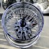 New Set (4) 15x8" DEEP DISH 72 SPOKE CROSS LACE ALL CHROME KNOCKOFF WIRE WHEELS SET (4) COMPLETE WITH HARDWARE - Image 2