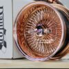 New Set (4) Genuine Dayton Stamped 14x7" Deep Dish 100 Spoke All 24kt Rose Gold With 2 Wing Hardware Lowrider Knockoff Wire Wheels One of a Kind Set - Image 6