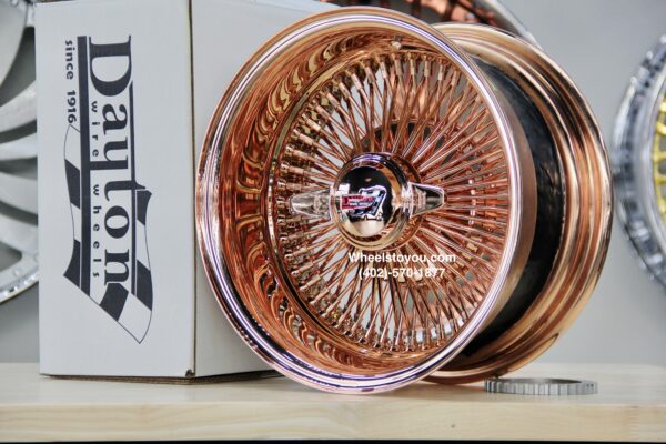 New Set (4) Genuine Dayton Stamped 14x7" Deep Dish 100 Spoke All 24kt Rose Gold With 2 Wing Hardware Lowrider Knockoff Wire Wheels One of a Kind Set