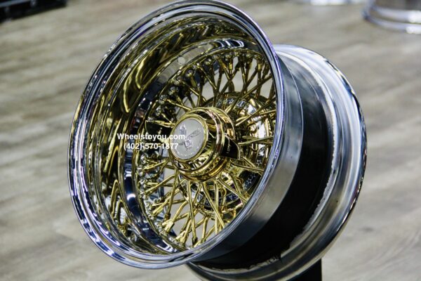 New Set (4) 13x7 Inch Deep Dish 72 Spoke Cross Lace Gold Center True Knockoff Wire Wheels Complete with Gold 2 Wing Sharkfin Hardware