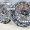 New Set (4) 18x9" Stagggered Genuine Dayton Stamped Serialized Deep Dish 100 Spoke Triple Cross Lace Stainless & Chrome Lowrider Knockoff Wire Wheels Set of four (4) with Hardware - Image 10