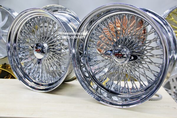 New Set (4) 18x9" Stagggered Genuine Dayton Stamped Serialized Deep Dish 100 Spoke Triple Cross Lace Stainless & Chrome Lowrider Knockoff Wire Wheels Set of four (4) with Hardware