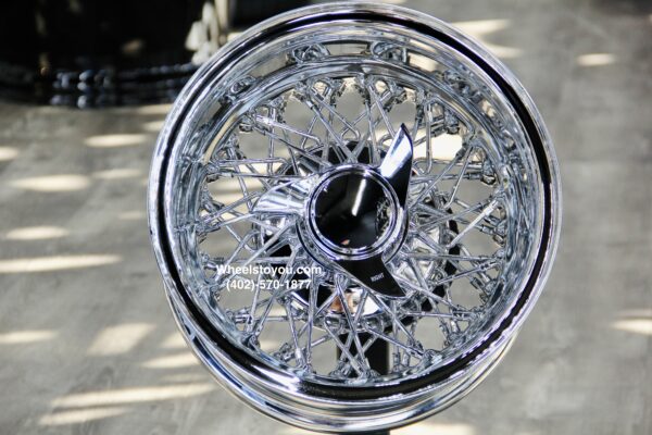 New Set (4) 13x7" Deep Dish 58 Spoke Triple Cross Lace Chrome Lowrider Knockoff Wire Wheels Set of four (4) with 3 Wing Hardware Choice