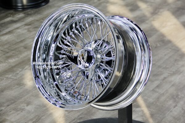 New Set (4) 15x10 DEEP DISH 72 SPOKE CROSS LACE ALL CHROME KNOCKOFF WIRE WHEELS SET (4) COMPLETE WITH HARDWARE