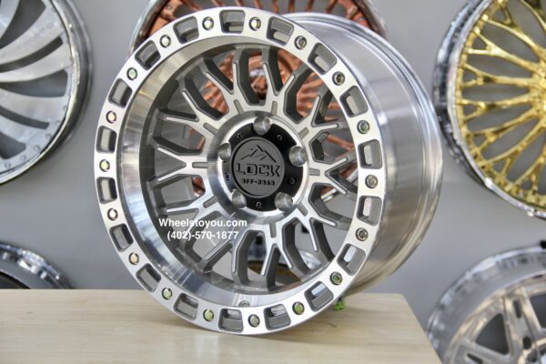 New Set (4) 17x9" Lock Offroad Combat Machined with Silver / Gray & Simulated Beadlock 5x127mm aka 5x5" -12 ET Free Shipping in Lower 48 U.S.