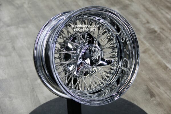 New Set (4) 72 Stainless Steel Cross Lace Spokes & Nipples 13x7" Deep Dish Chrome Lowrider Knockoff Wire Wheels Set of four with Hardware Choice