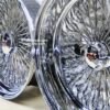 New Set (4) 18x9" Stagggered Genuine Dayton Stamped Serialized Deep Dish 100 Spoke Triple Cross Lace Stainless & Chrome Lowrider Knockoff Wire Wheels Set of four (4) with Hardware - Image 11