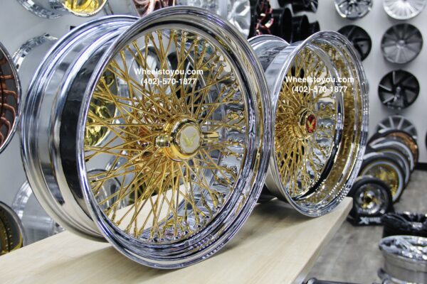 New Set (4) 22" Staggered Dish Quad Cross Lace Gold & Chrome 84 Spoke Wire Wheels With Choice of Hardware