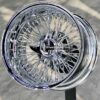 New Set (4) 15x8" DEEP DISH 72 SPOKE CROSS LACE ALL CHROME KNOCKOFF WIRE WHEELS SET (4) COMPLETE WITH HARDWARE - Image 3