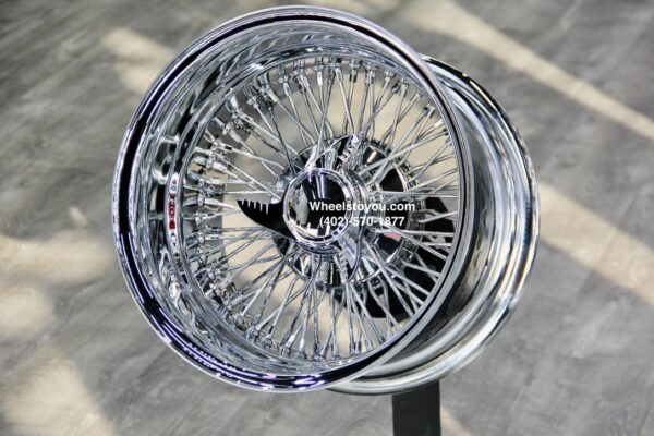 New Set (4) 15x8" DEEP DISH 72 SPOKE CROSS LACE ALL CHROME KNOCKOFF WIRE WHEELS SET (4) COMPLETE WITH HARDWARE