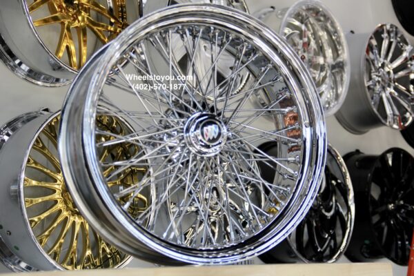 New Set (4) 20" Buick Chrome Cross Lace 84 Spoke knockoff Wire Wheels Complete Set with Hardware Rear Wheel Drive Standard Fitment