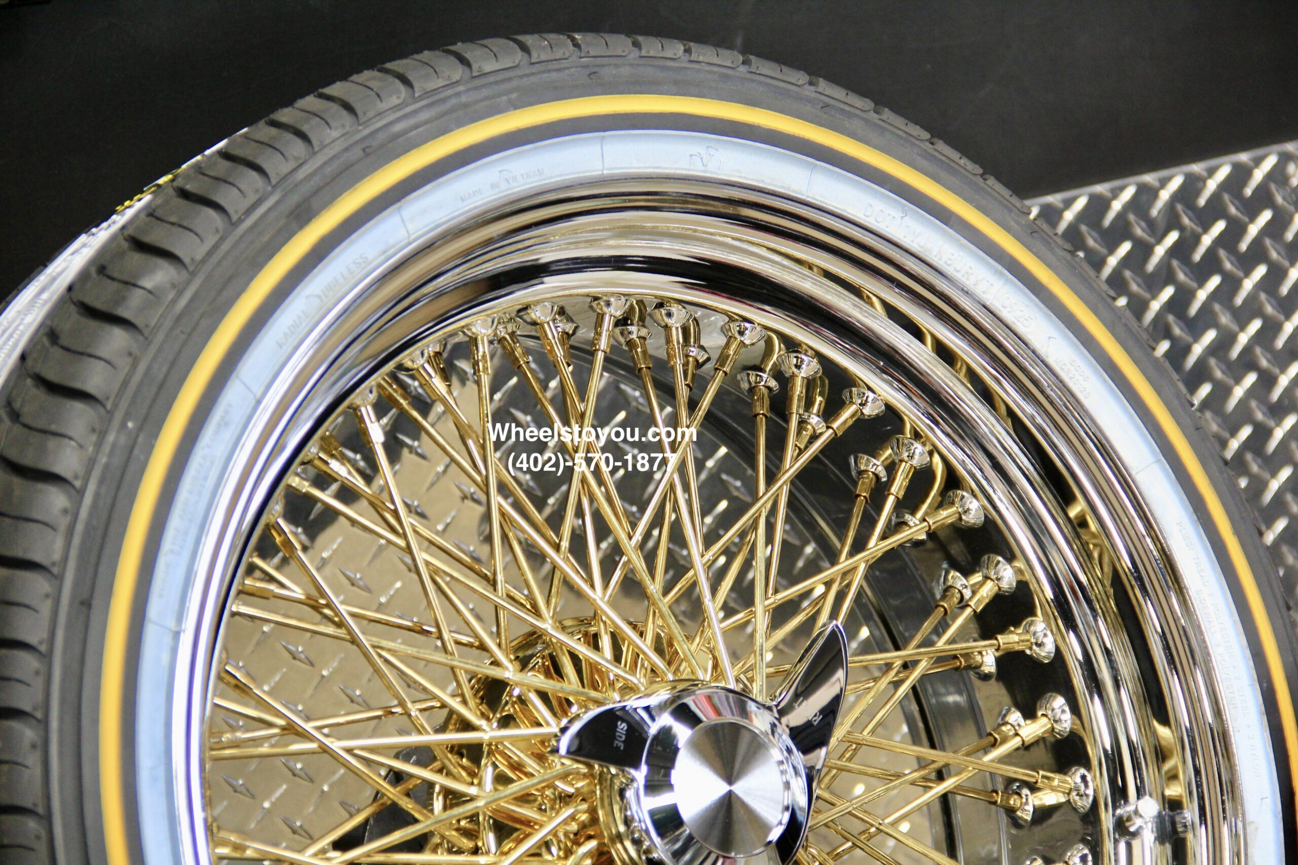New Set (4) 20x8" Cross Lace Gold Center (Gold Back) 84 Spoke Chrome Lip True Knockoff Wire Wheels & Vogue 245-40-20 Whitewall Yellow Gold Stripe Tires Complete Set with Hardware - Image 8