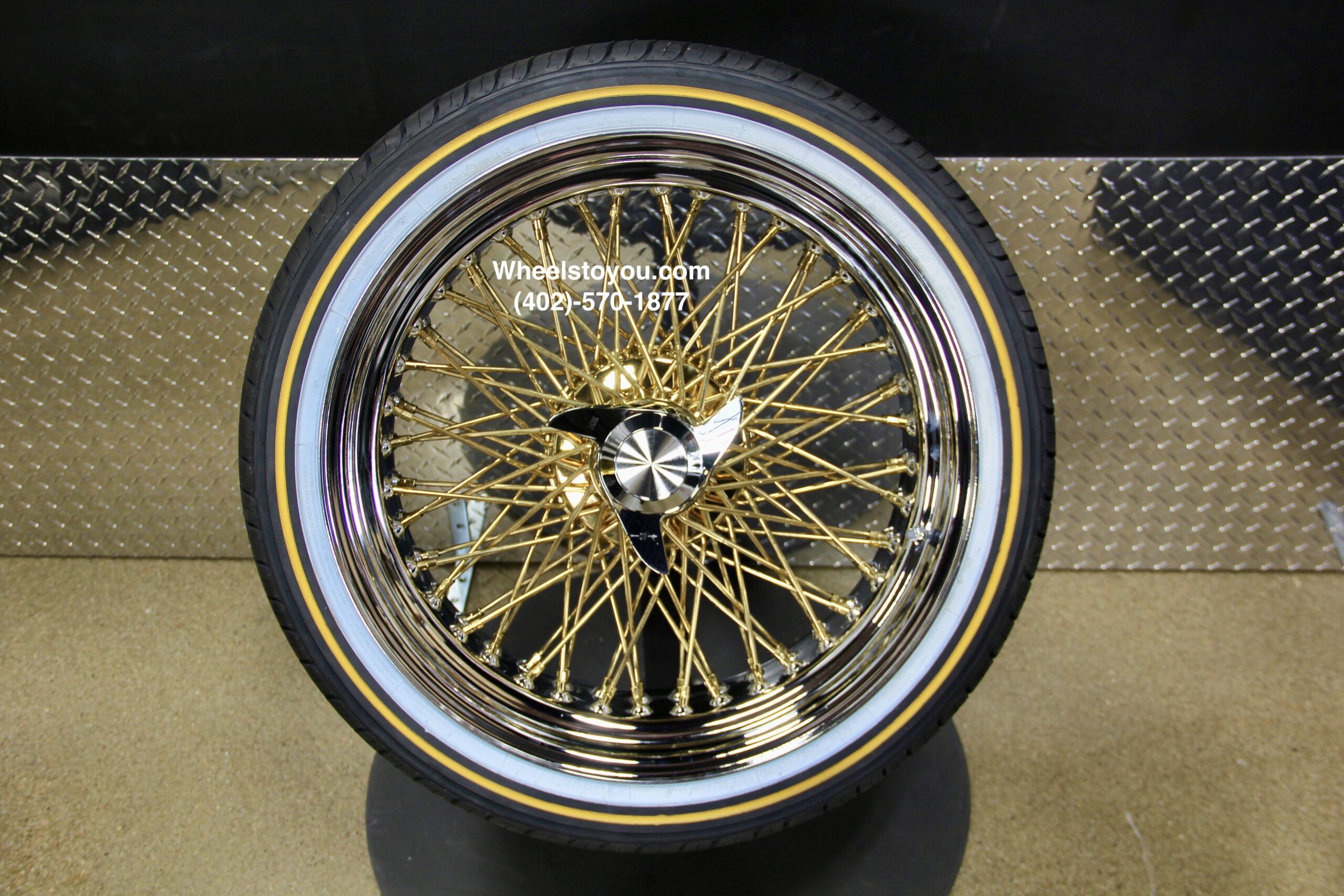 New Set (4) 20x8" Cross Lace Gold Center (Gold Back) 84 Spoke Chrome Lip True Knockoff Wire Wheels & Vogue 245-40-20 Whitewall Yellow Gold Stripe Tires Complete Set with Hardware