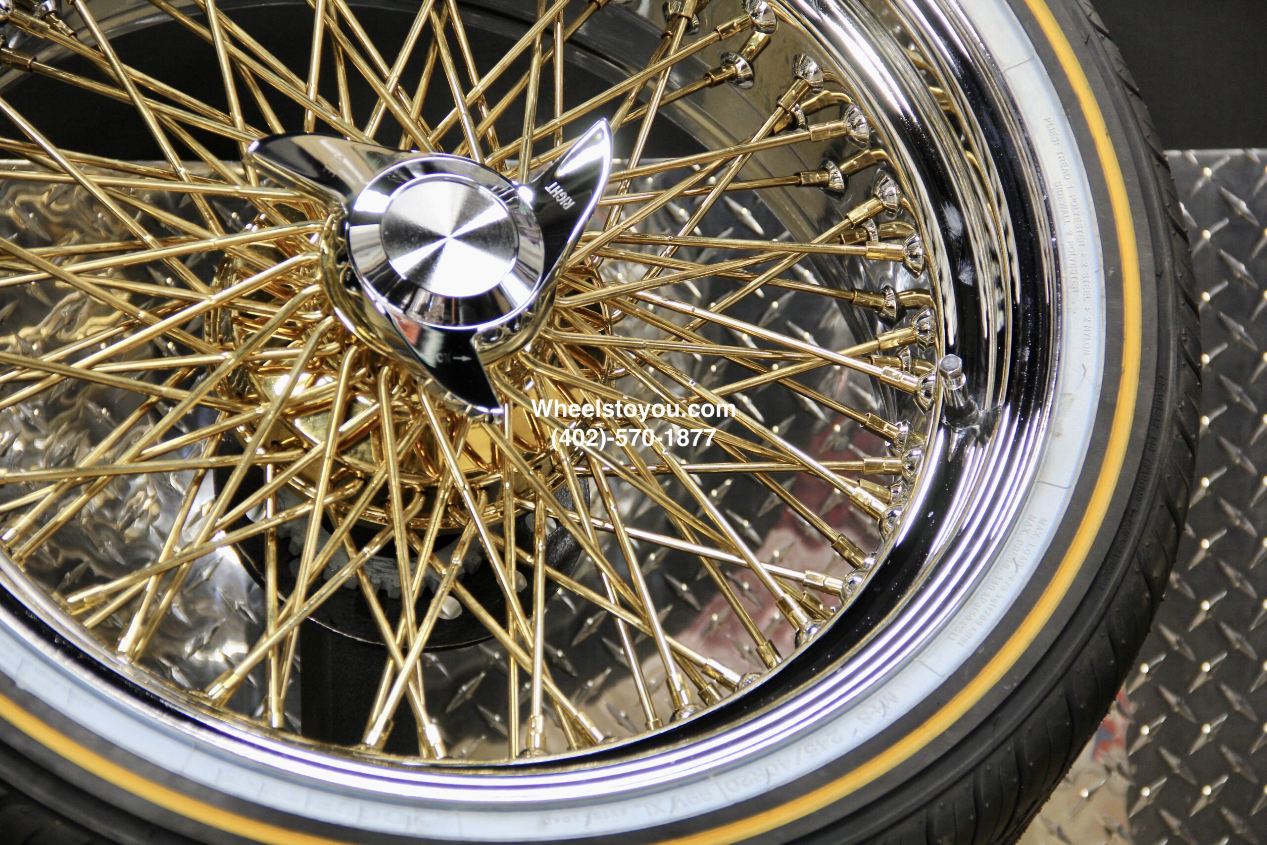 New Set (4) 20x8" Cross Lace Gold Center (Gold Back) 84 Spoke Chrome Lip True Knockoff Wire Wheels & Vogue 245-40-20 Whitewall Yellow Gold Stripe Tires Complete Set with Hardware - Image 6