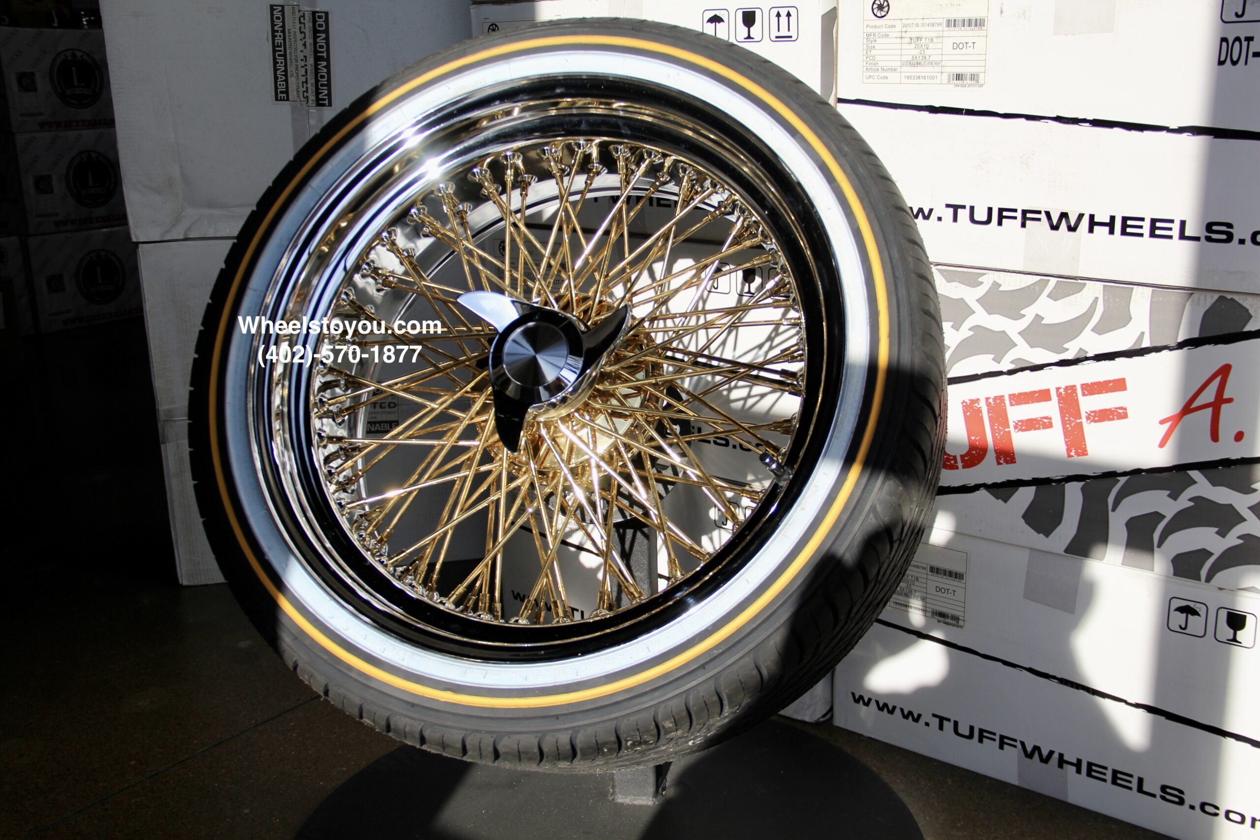 New Set (4) 20x8" Cross Lace Gold Center (Gold Back) 84 Spoke Chrome Lip True Knockoff Wire Wheels & Vogue 245-40-20 Whitewall Yellow Gold Stripe Tires Complete Set with Hardware - Image 2