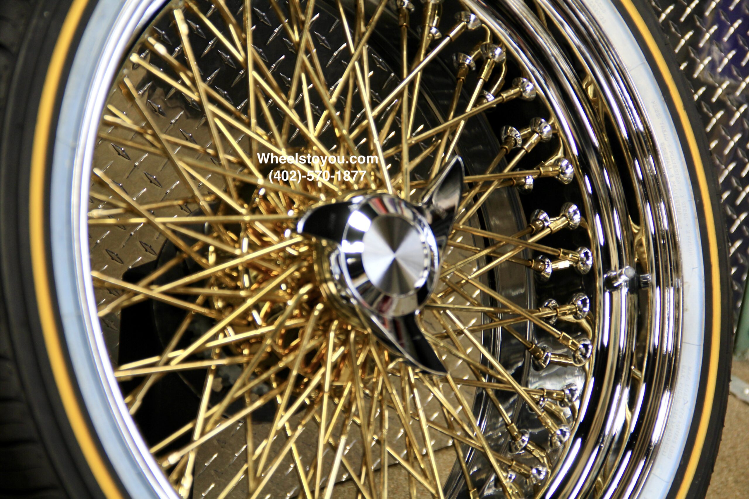 New Set (4) 20x8" Cross Lace Gold Center (Gold Back) 84 Spoke Chrome Lip True Knockoff Wire Wheels & Vogue 245-40-20 Whitewall Yellow Gold Stripe Tires Complete Set with Hardware - Image 10