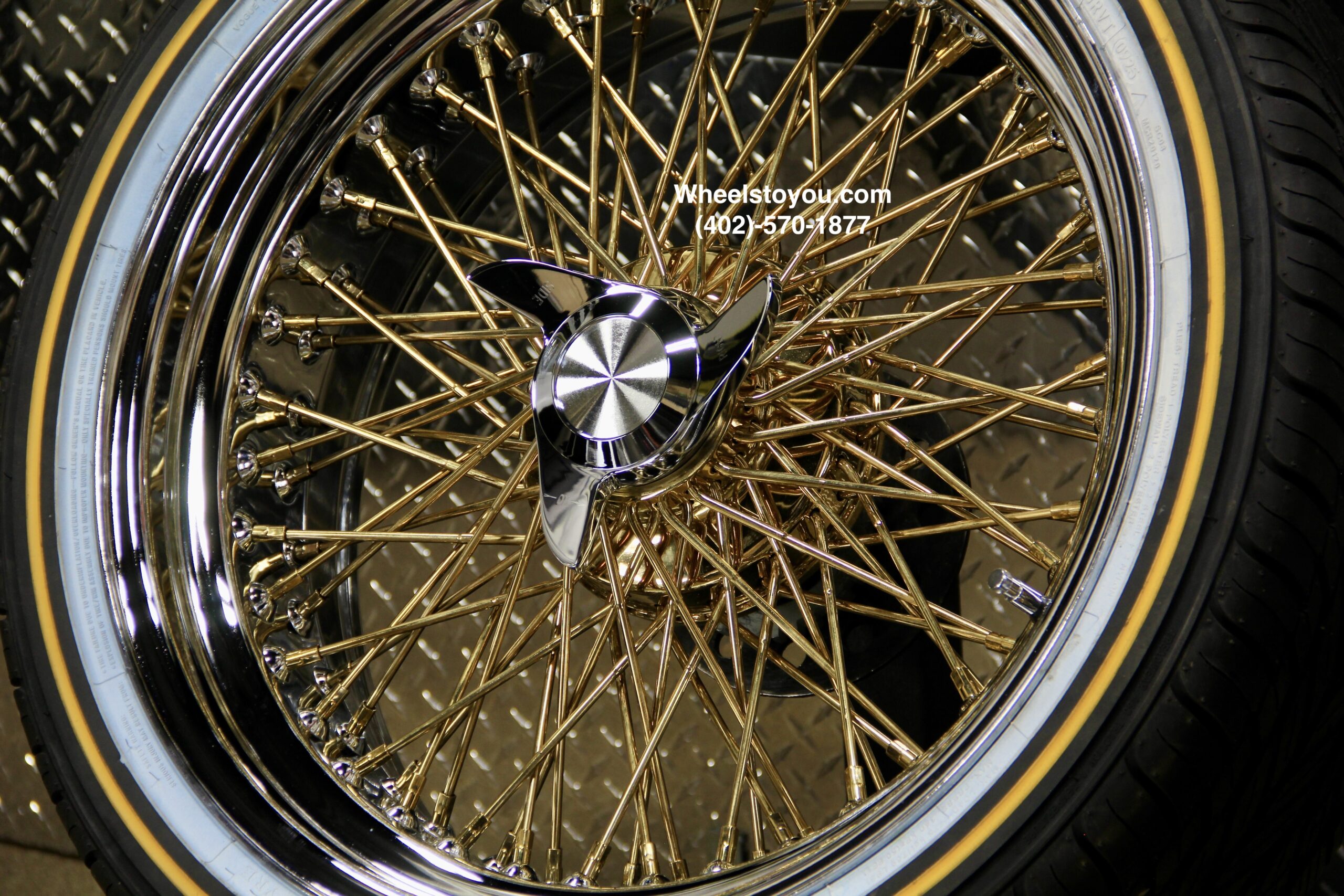 New Set (4) 20x8" Cross Lace Gold Center (Gold Back) 84 Spoke Chrome Lip True Knockoff Wire Wheels & Vogue 245-40-20 Whitewall Yellow Gold Stripe Tires Complete Set with Hardware - Image 7
