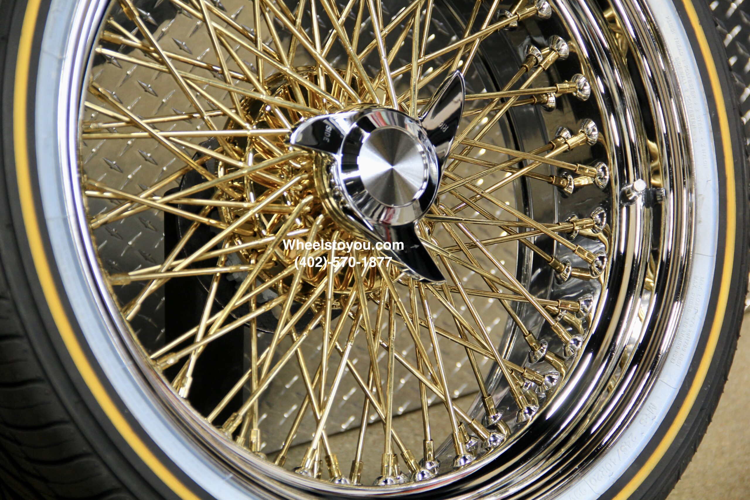 New Set (4) 20x8" Cross Lace Gold Center (Gold Back) 84 Spoke Chrome Lip True Knockoff Wire Wheels & Vogue 245-40-20 Whitewall Yellow Gold Stripe Tires Complete Set with Hardware - Image 9