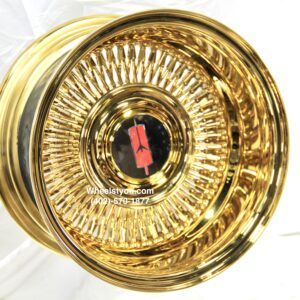 New 13x7" Floating Cap All Gold 100 Spoke Direct Bolt Deep Dish Wire Spoke Wheels Complete set four (4) Fit 5x4.75 Oldsmobile Cutlass & More