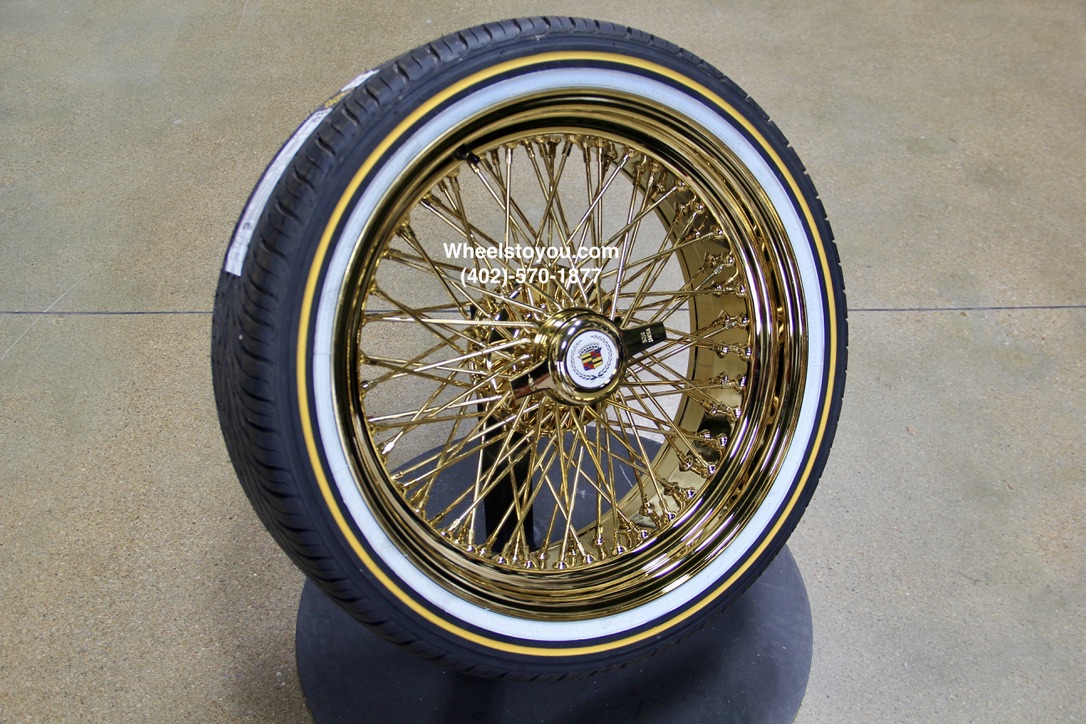 New Set 20" All Gold Cross Lace 84 Spoke True Knockoff Wire Wheels & Vogue 245-40-20 Whitewall Yellow Gold Stripe Tires Complete Set with Hardware - Image 7