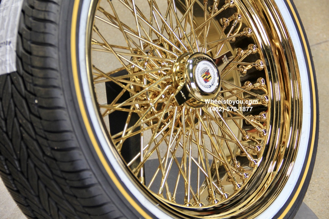 New Set 20" All Gold Cross Lace 84 Spoke True Knockoff Wire Wheels & Vogue 245-40-20 Whitewall Yellow Gold Stripe Tires Complete Set with Hardware - Image 2