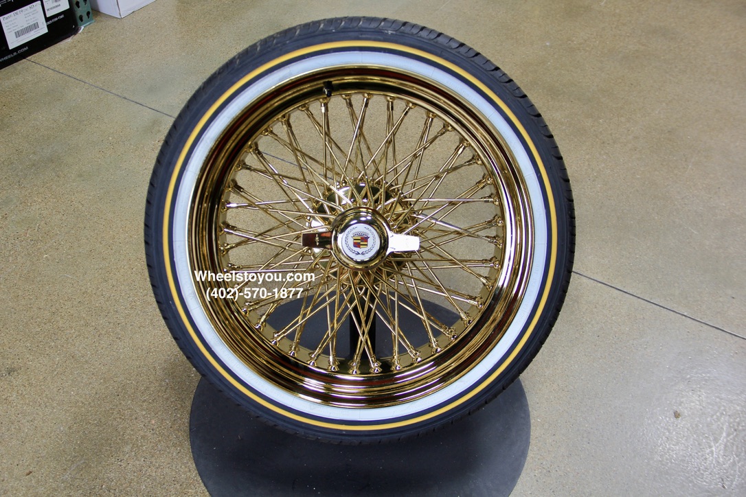 New Set 20" All Gold Cross Lace 84 Spoke True Knockoff Wire Wheels & Vogue 245-40-20 Whitewall Yellow Gold Stripe Tires Complete Set with Hardware - Image 8