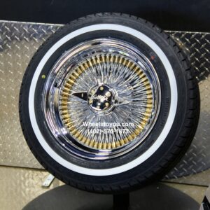 New Set (4) 14x7" Standard Dish 132 Spoke Gold & Chrome Skirt & Low Clearance Fitment Knockoff Wire Wheels & 1757014 Whitewall Tires Package with Choice of Hardware