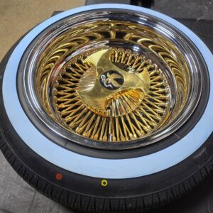 New Set (4) Deep Dish 15x7" Gold & Chrome 90's Style Direct Bolt Spoke 5 Lug 5x4.5 5x4.75 5x5 Wire Wheels Complete Package With 155R15 Whitewall Tires & Caps