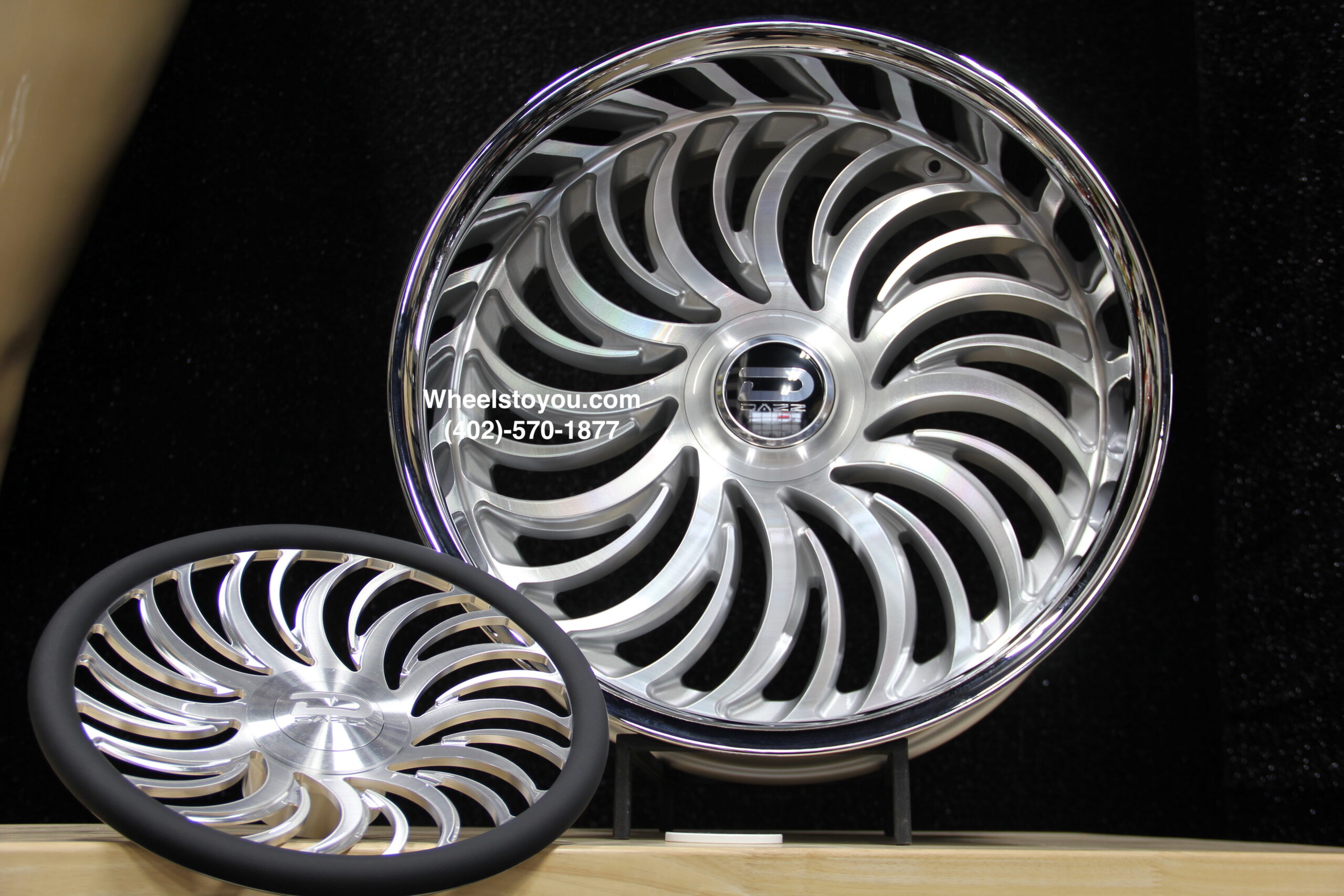 New 24" Staggered Floating Cap Dazz Heat Wheels & Matching Steering Wheel 5x4.75 & 5x5" Bolt patterns Set (4) Fit Chevy Chevrolet Caprice Impala Lincoln Mark Continental Donk Buick Oldsmobile C10 Box Bubble ETC