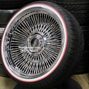 New Set (4) 22" Chrome 150 Spoke Direct Bolt Wire Wheels With Floating Caps & Vogue Whitewall Red Stripe 265 35 22 Tire Package Complete Set of four (4) Classic Setup RWD Models 5 LUG OPTIONS