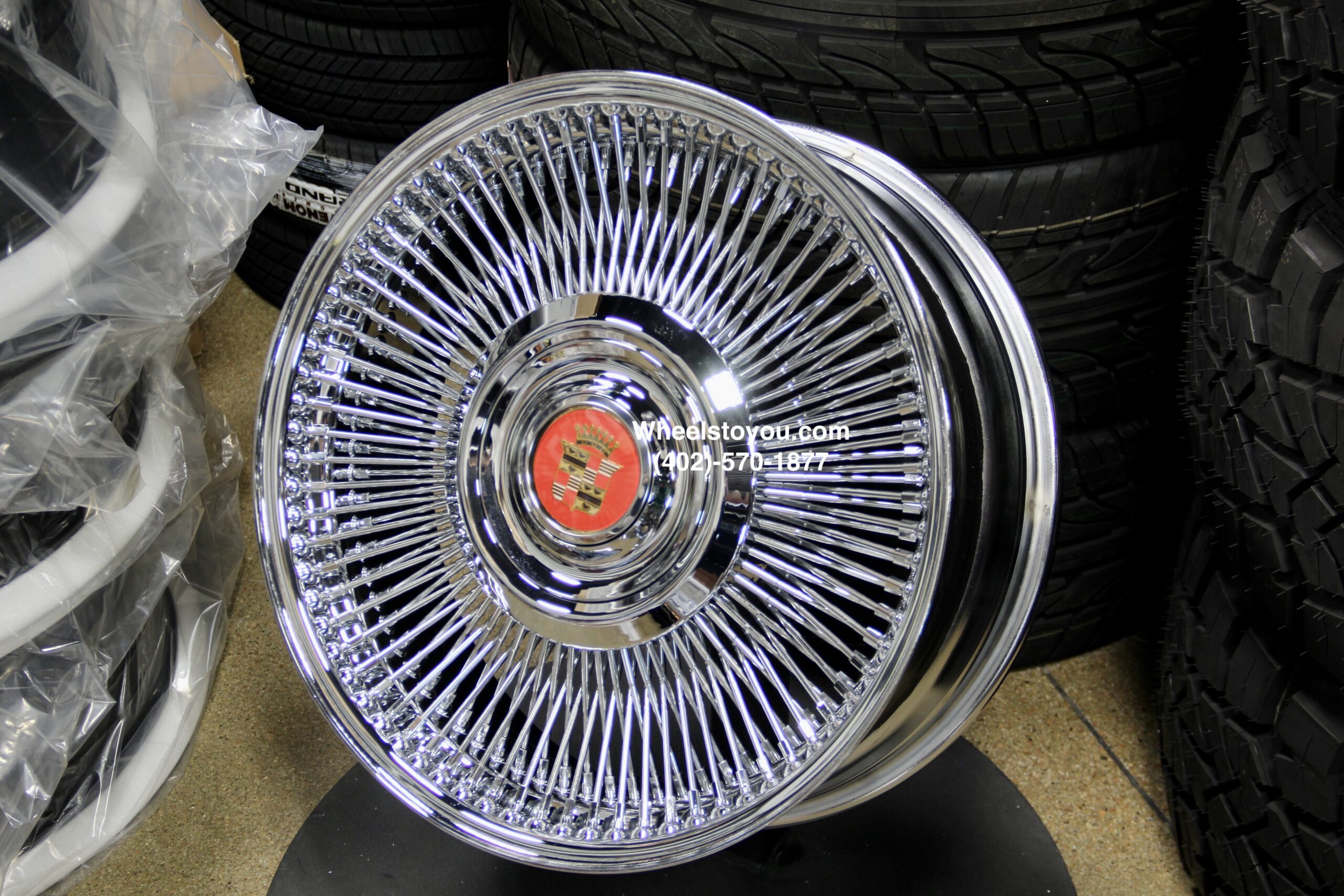 New Set (4) Front Wheel Drive 20" Cadillac Chrome 150 Spoke Direct Bolt Wire Wheels With Floating Antique Caddy Caps Fit 5x4.5 5x115 5x120 Cadillac ONLY
