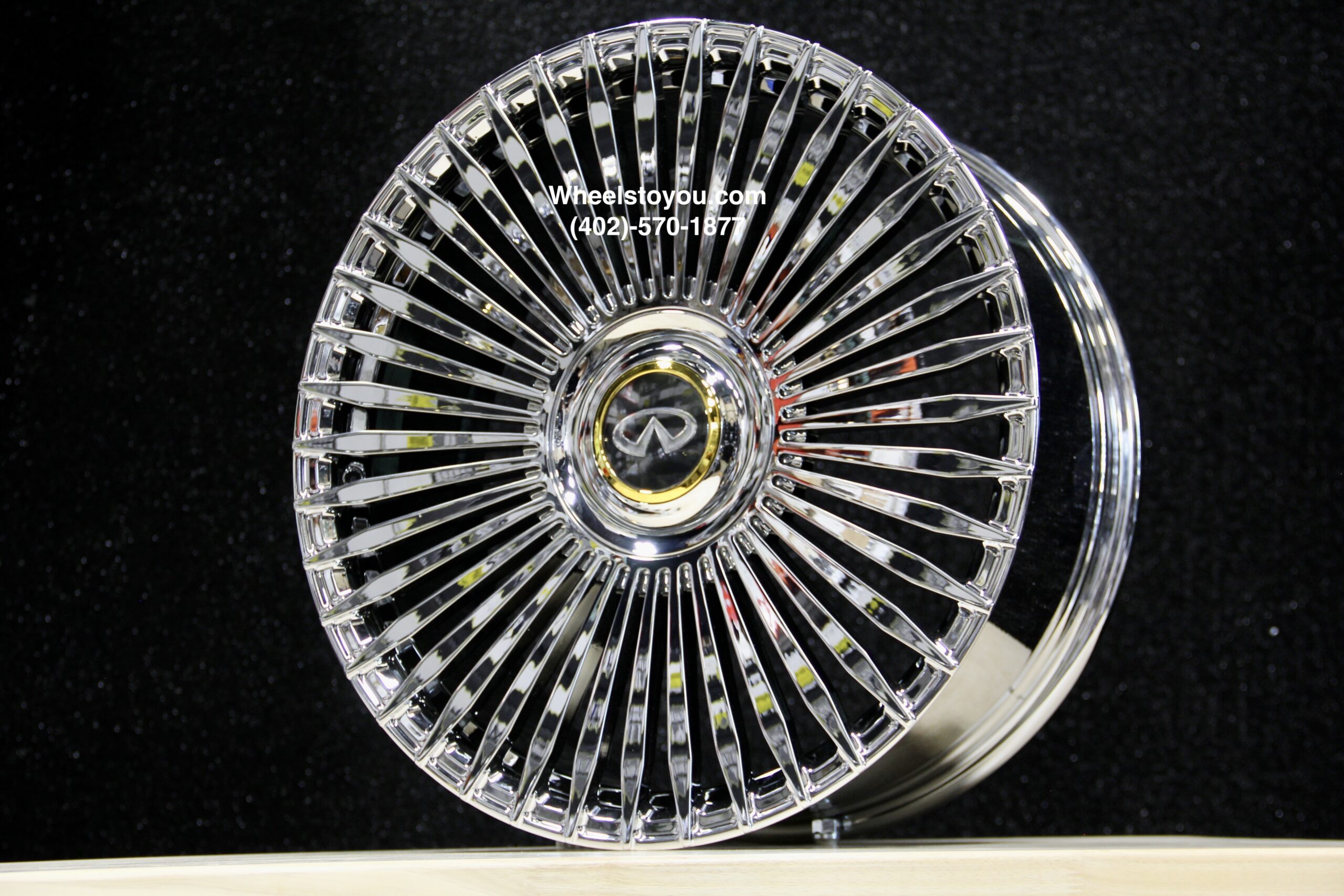 New Set 24" Chrome Infinti Floating Cap "Spear" Flow Forged Wheels & 305-35-24 Tires Complete Set (4) With Tire Pressure Sensors & Lugs Fit Infiniti QX80 Only