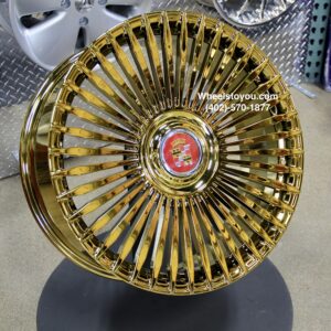New Set (4) 22" Gold Cadillac Floating Cap "Spear" Flow Forged Wheels & 265-30-22 True 1" Whitewall Tires Complete Set (4) Fit Cadillac Deville 1970 Custom Fit Accessories & Lugs Included