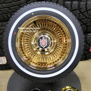 New 13x7" Floating Cap All Gold 100 Spoke Direct Bolt Deep Dish Wire Spoke Wheels & Whitewall 1558013 Tires Complete set four (4) Fit 5x4.75 BOLT CHOICE OF FLOATER CAPS