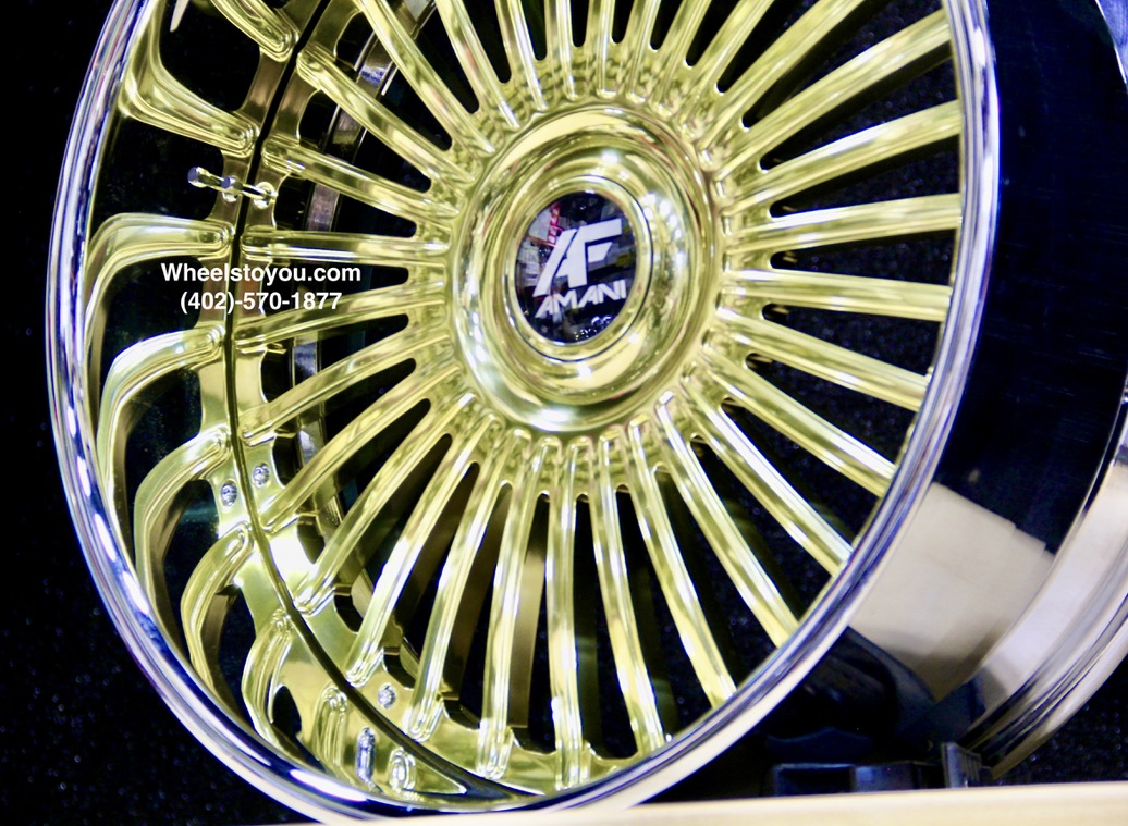New 24" Staggered Gold & Chrome Floating Cap Amani Forged Wheels 5x4.75 & 5x5" Bolt patterns Set (4) Fit Chevy Chevrolet Caprice Impala Lincoln Mark Continental Donk Buick Oldsmobile Pontiac C10 Box Bubble ETC - Image 7